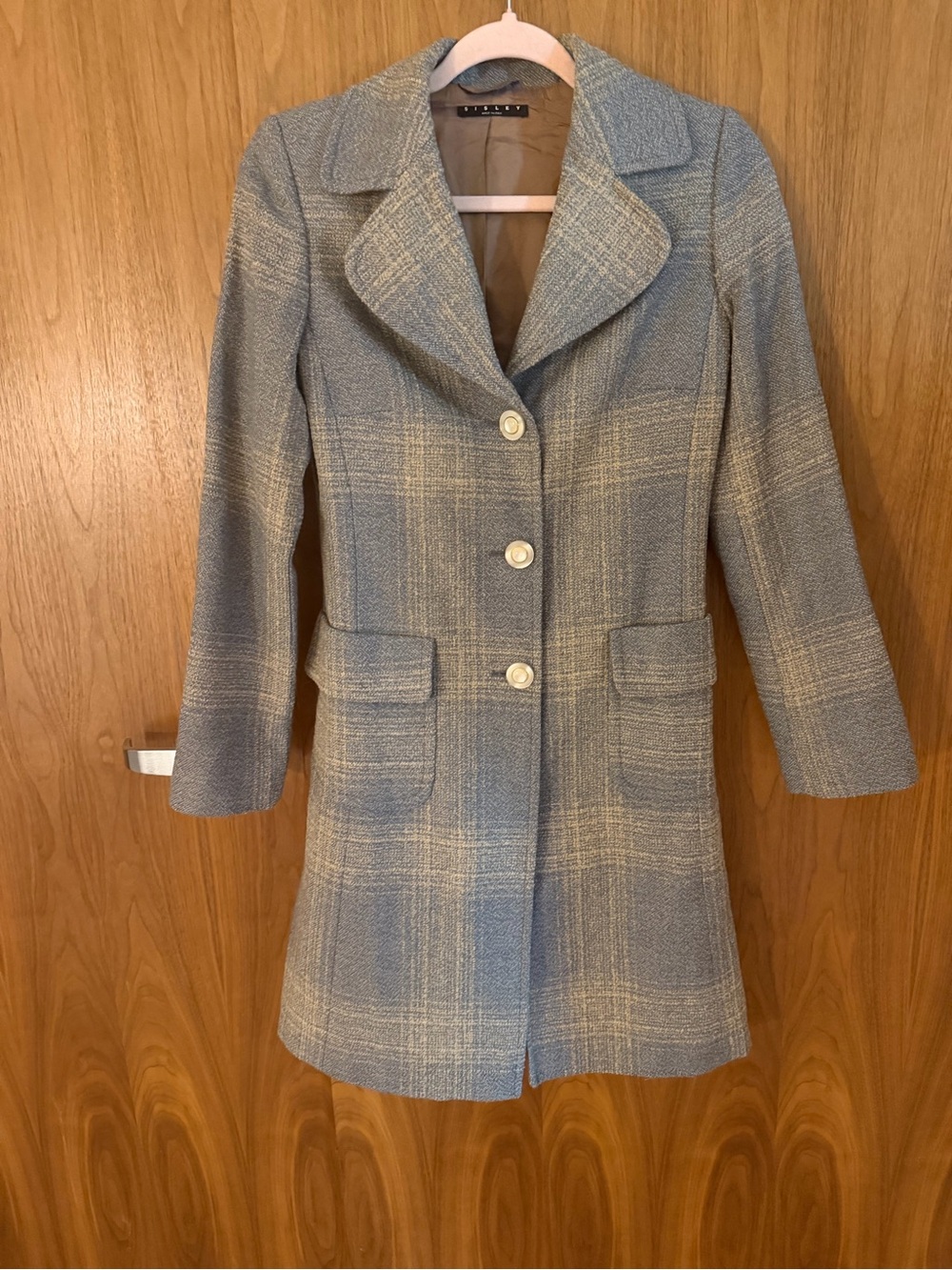 Sisley Light Blue Plaid Wool-Blend Pea Coat
